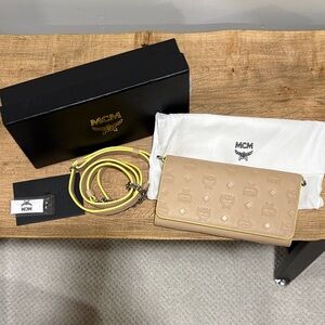 MCM Beige Embossed Leather Crossbody/wallet with Yellow detailing